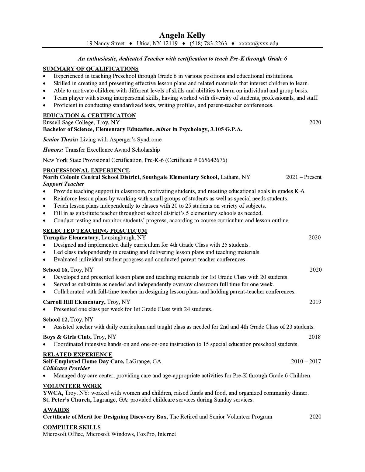 Sample resume: Elementary Education, Entry Level, Chronological