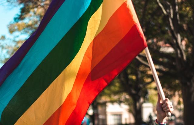 hand holding a rainbow flag